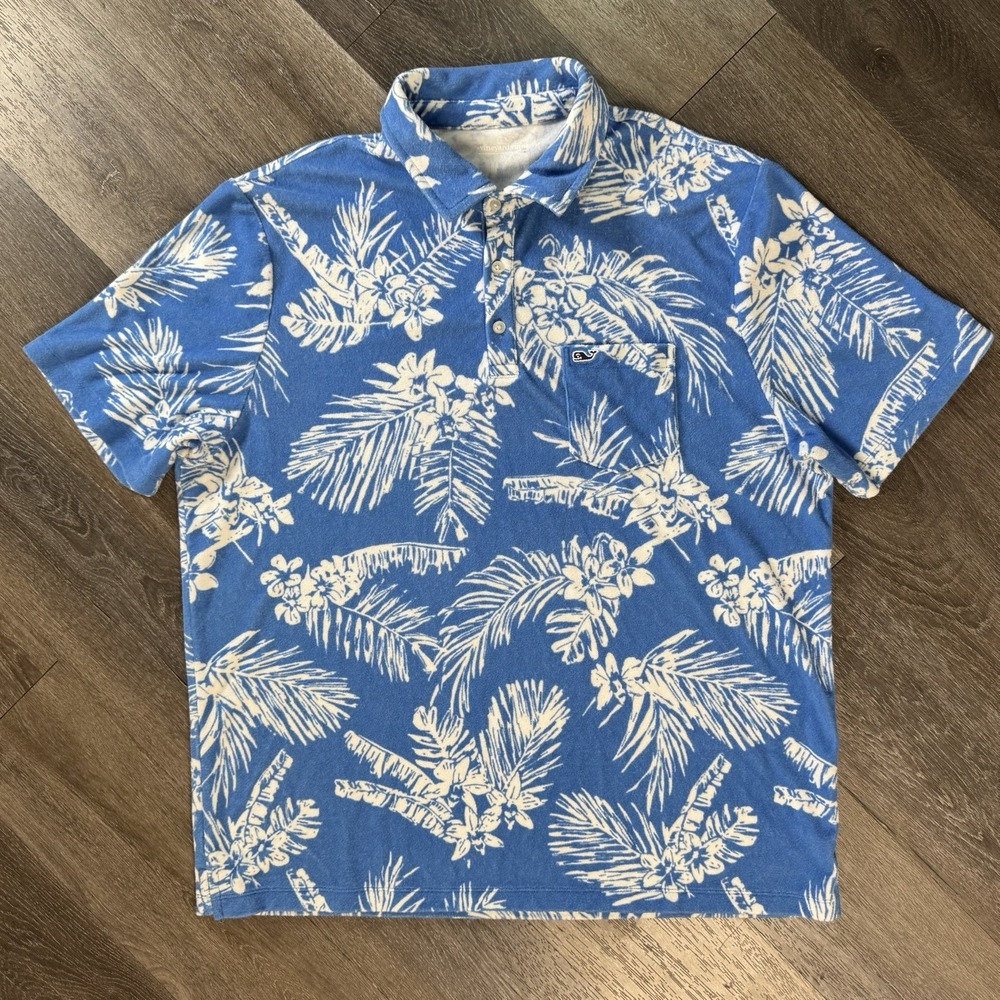 Vineyard Vines Terry Cloth Polo Shirt Men's Size Large Blue Hawaiian Floral XL